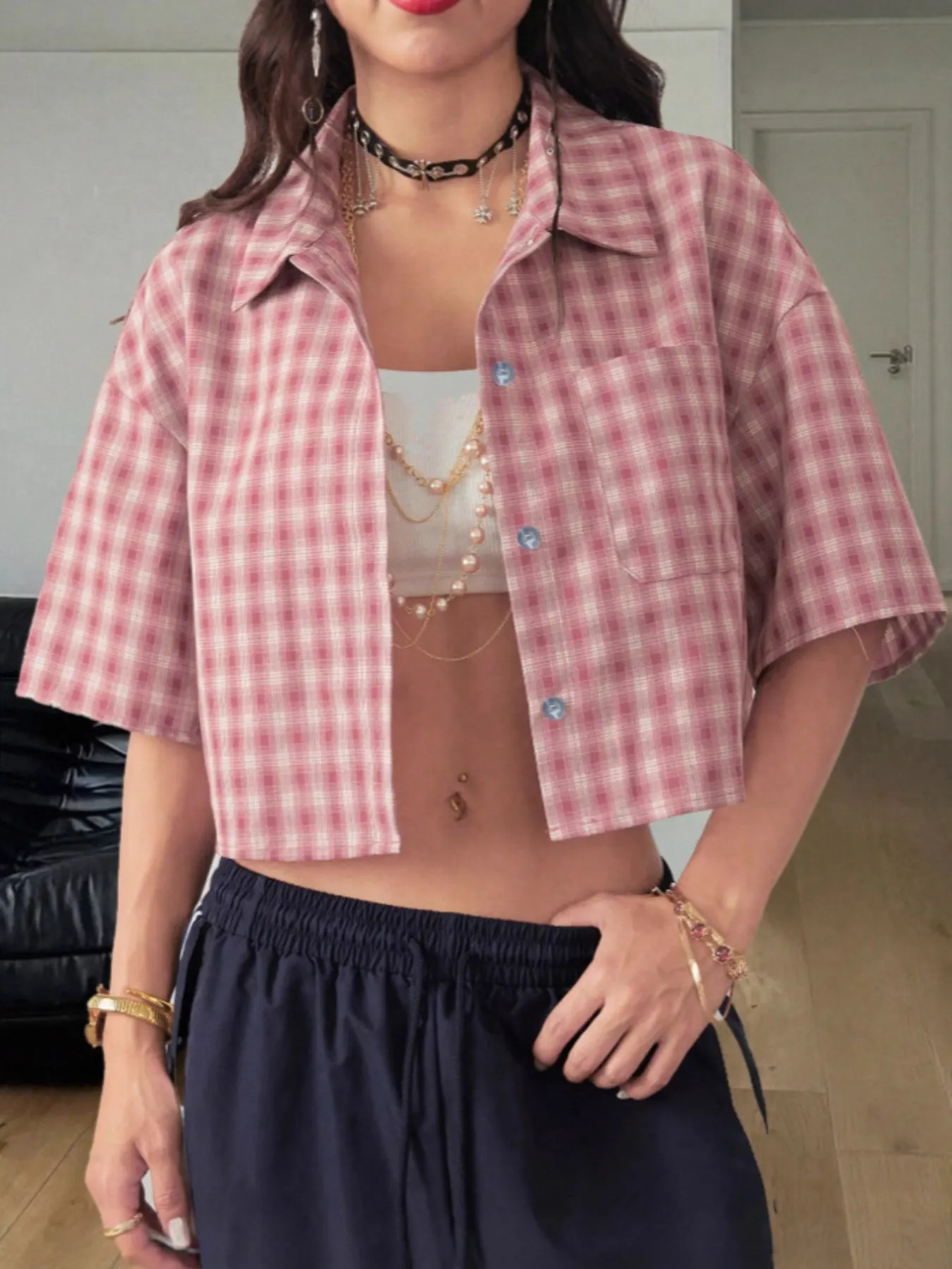 Plaid Button Up Cropped Shirt - Red