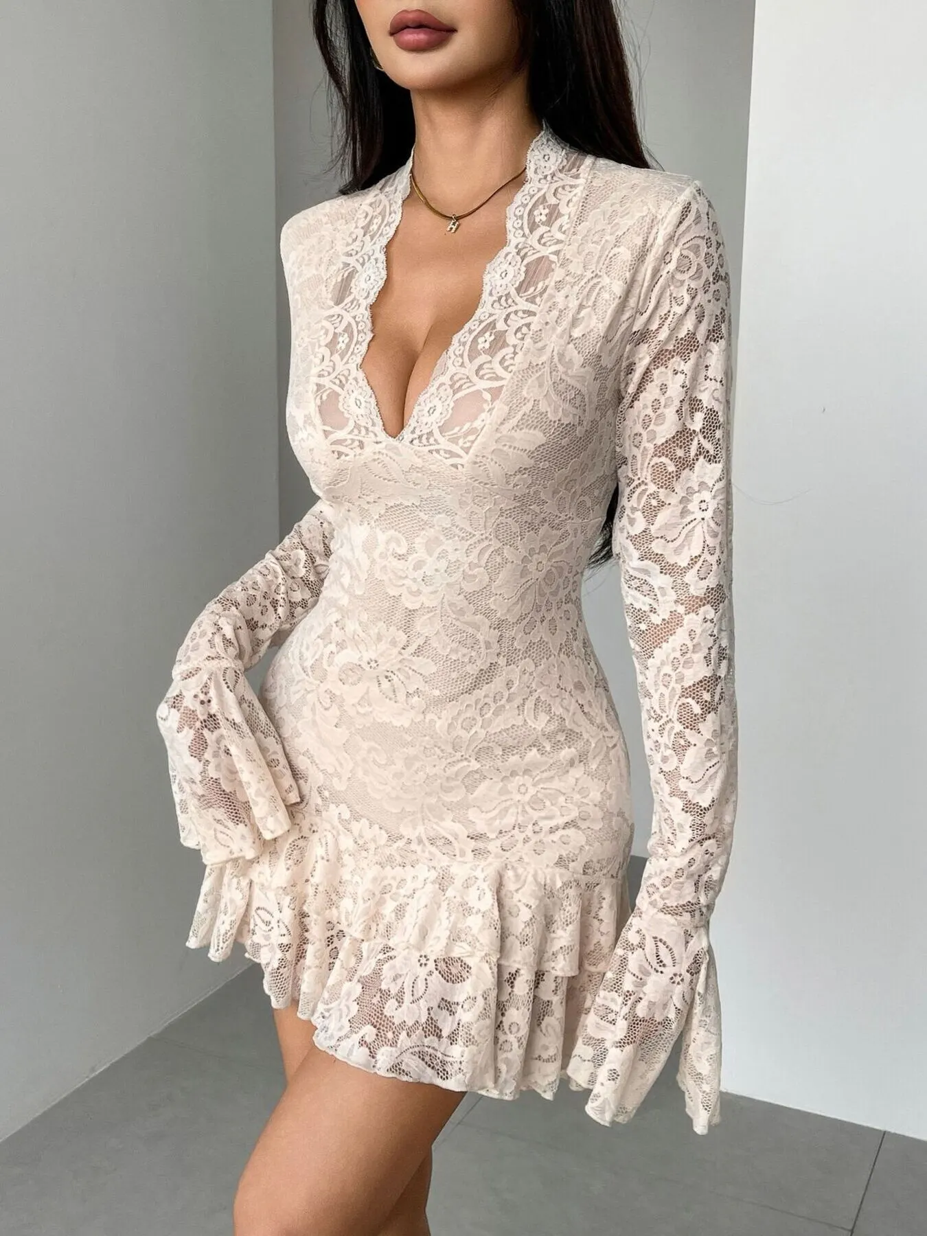 Lace Ruffle Hem Mini Dress - Beige