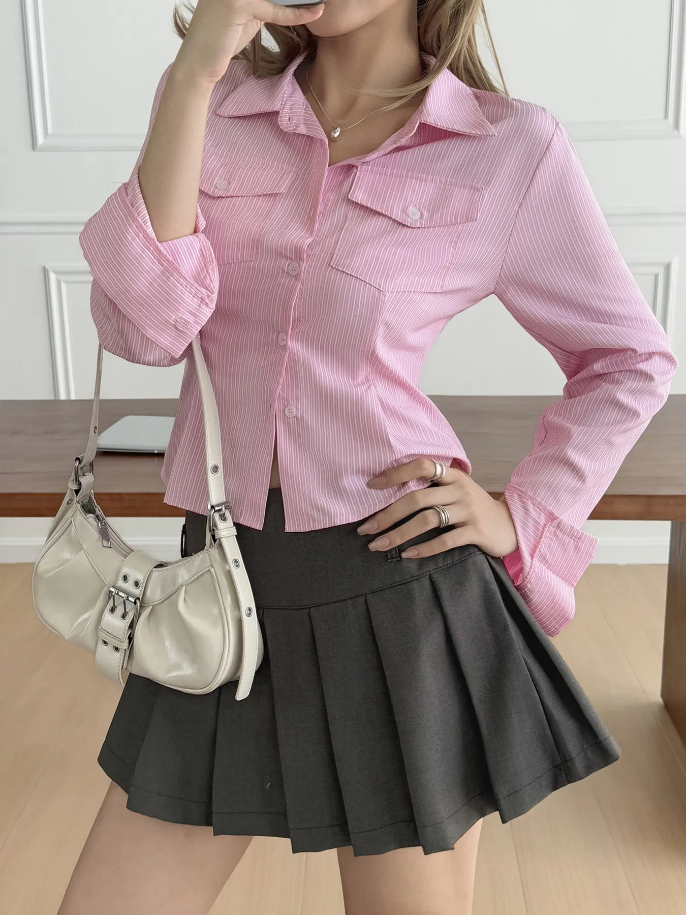 Striped Button-Up Long Sleeve Shirt - Pink