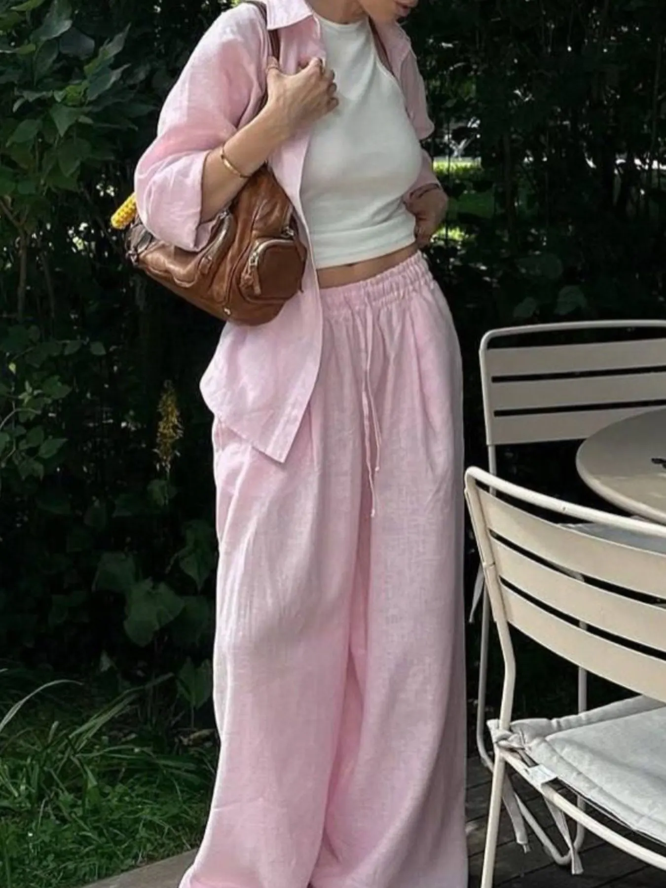 Button Up Shirt and Drawstring Pants Set - Pink