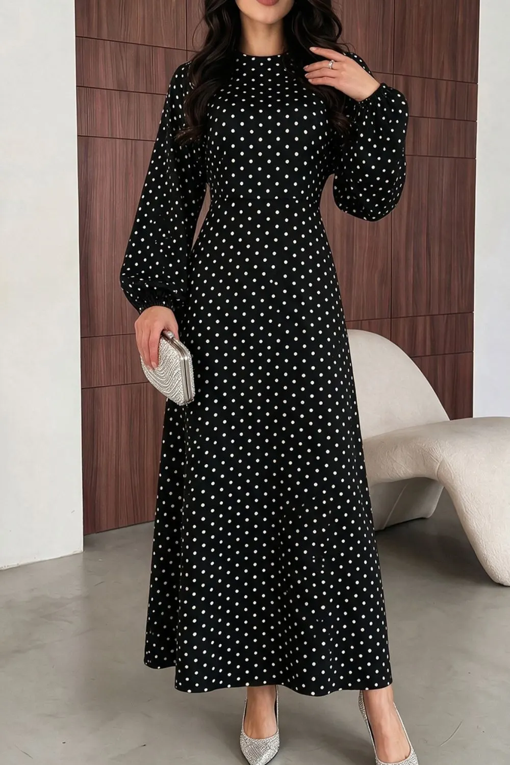 Polka Dot Long Sleeve Maxi Dress - Black