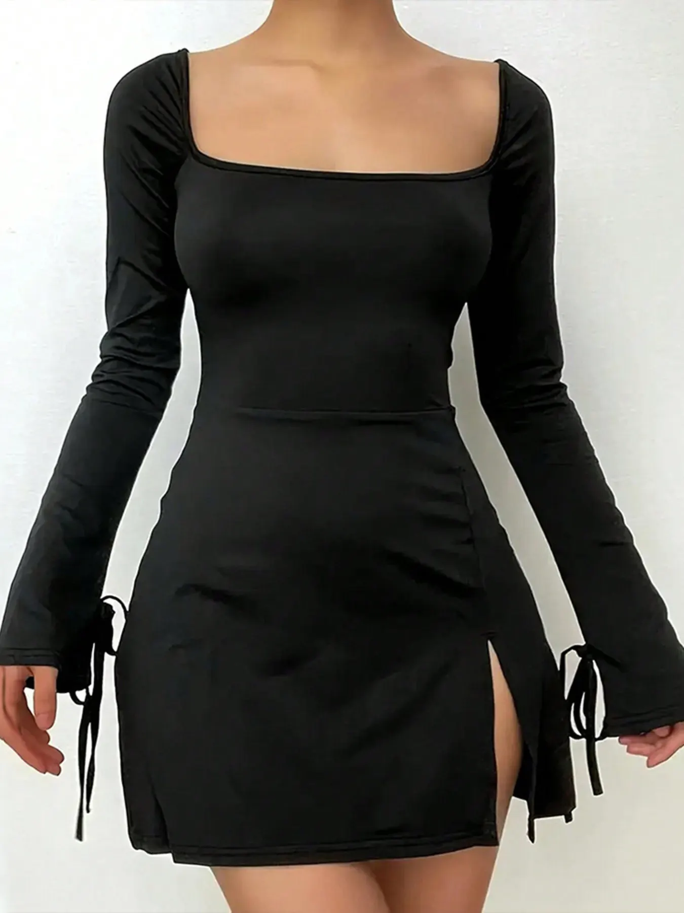 Slit Flare Sleeve Mini Dress - Black