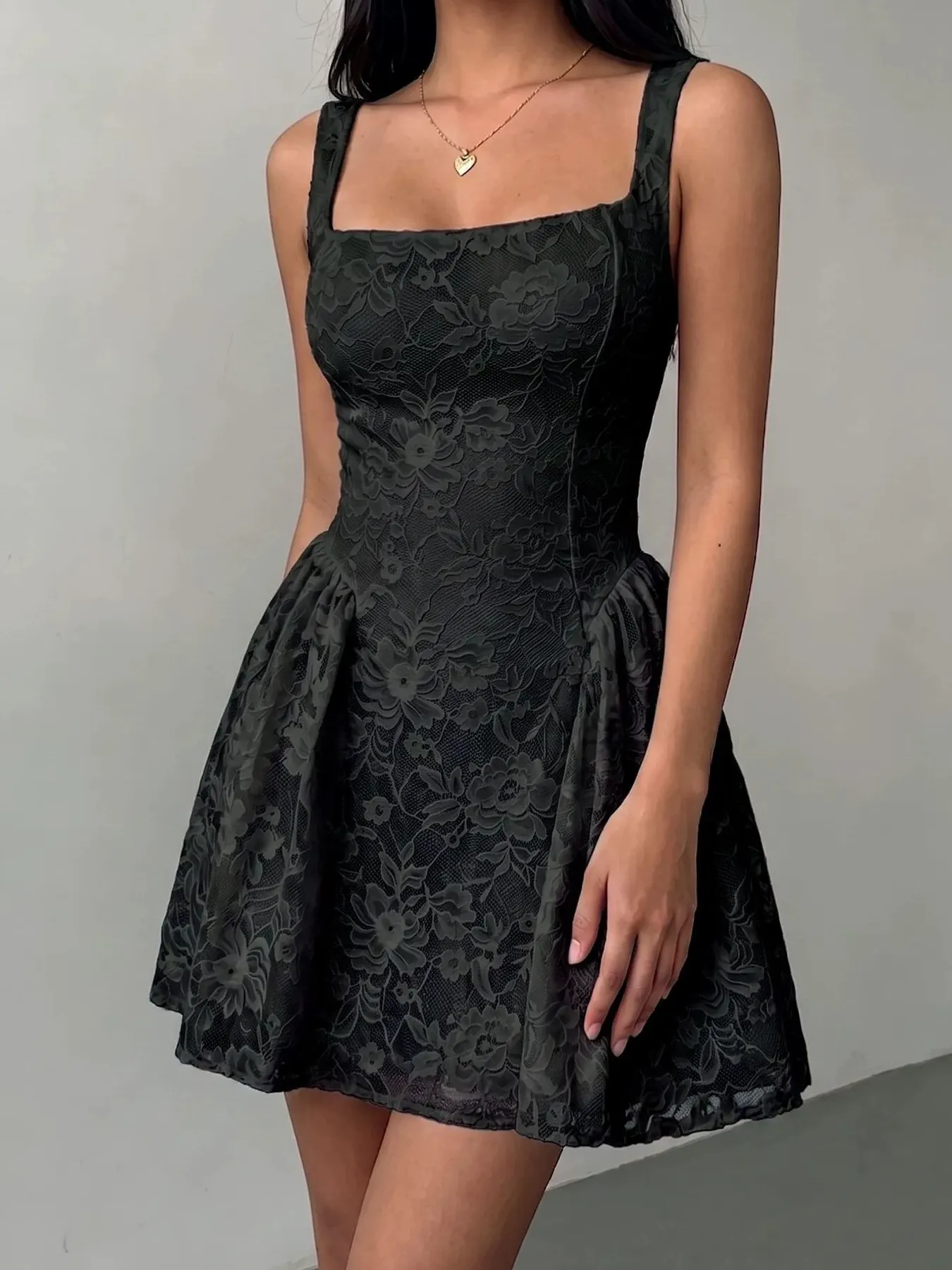 Floral Lace Square Neck Mini Dress - Black