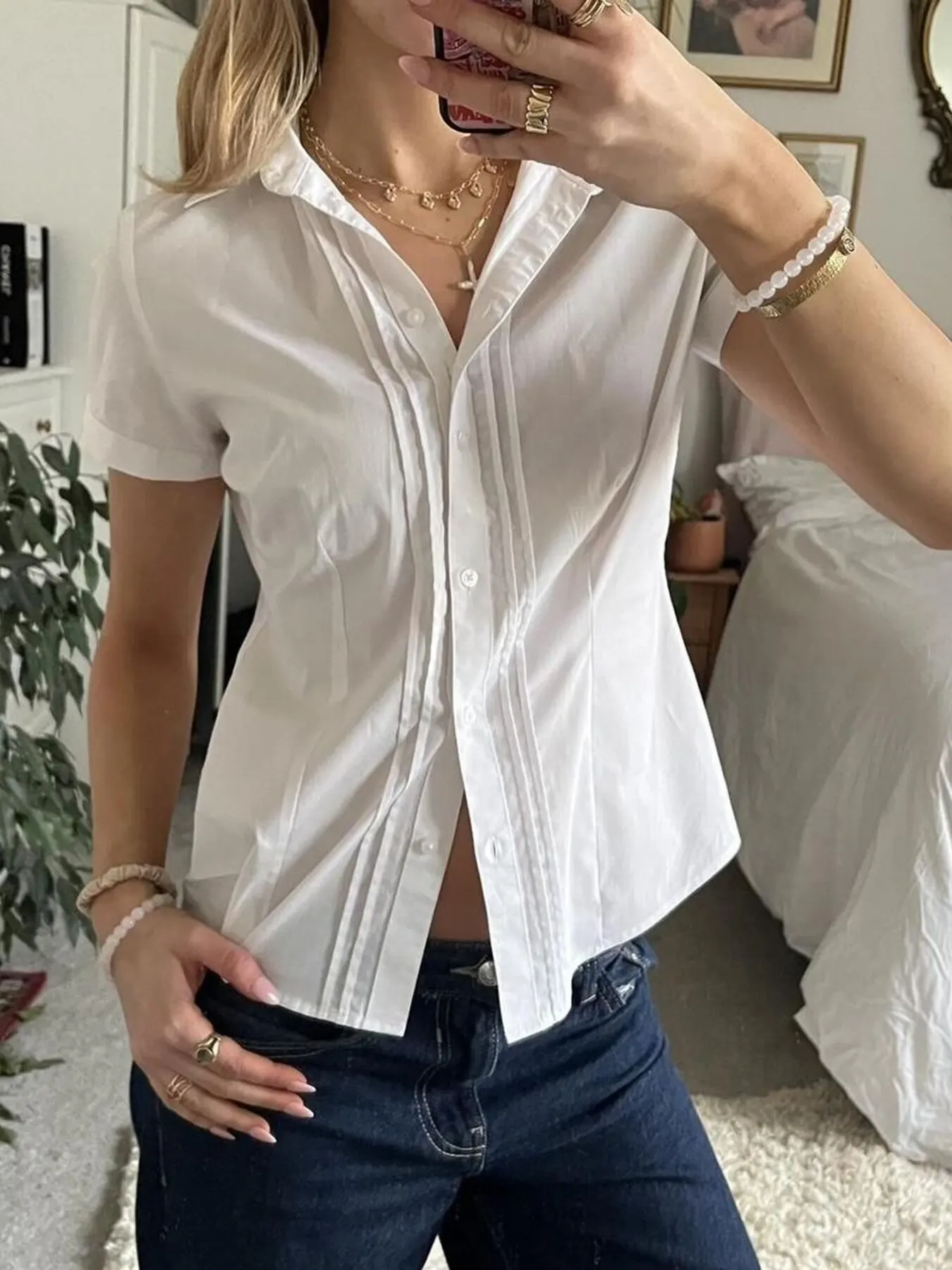 Button Dwon Pleated Short Sleeve Shirt - White