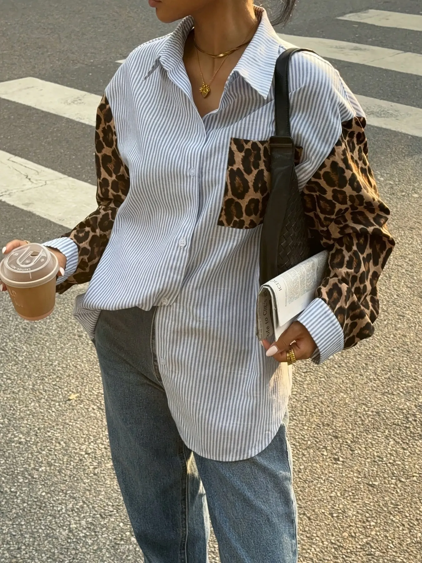 Leopard Print Sleeve Striped Button-Down Shirt - Stripe