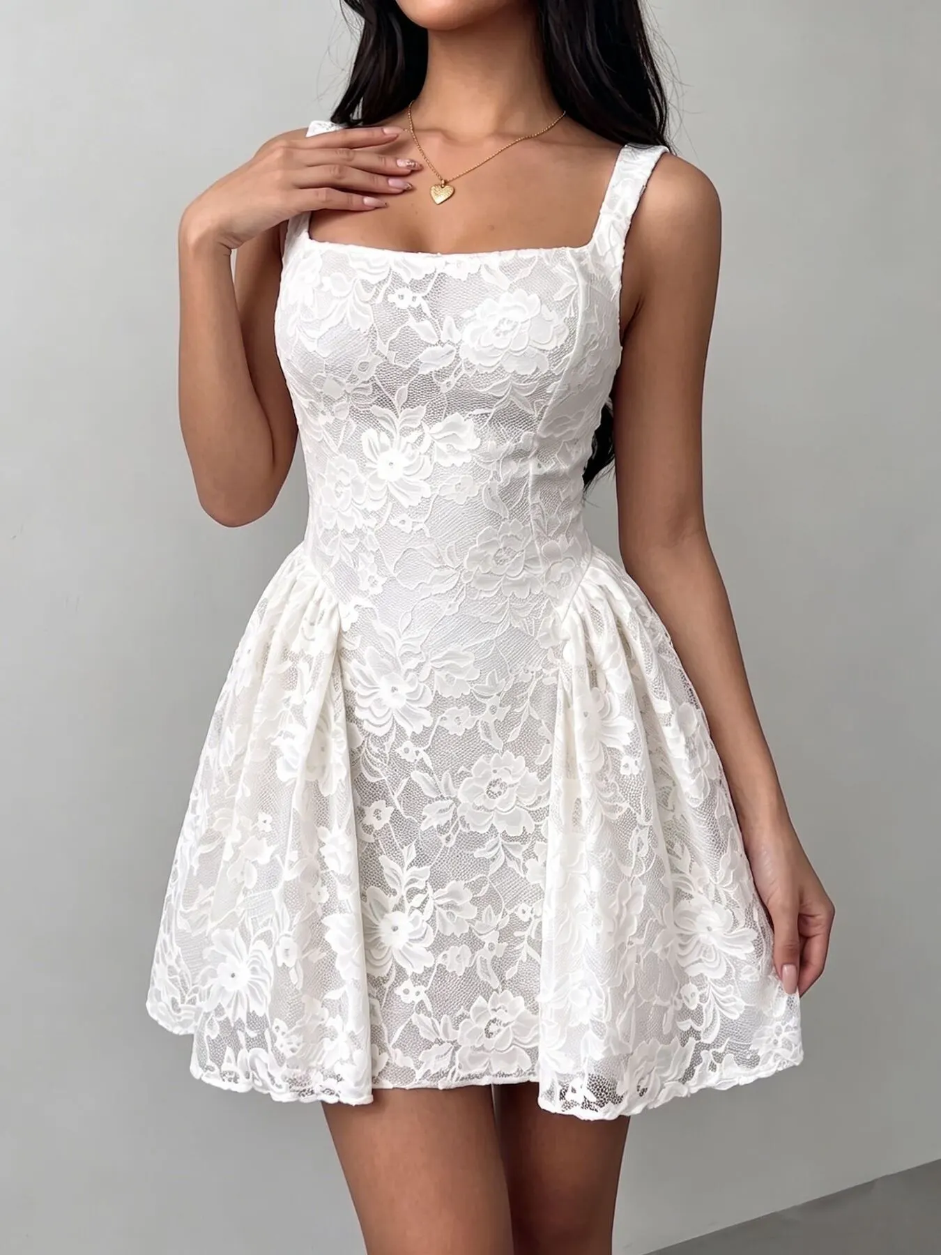 Floral Lace Square Neck Mini Dress - White