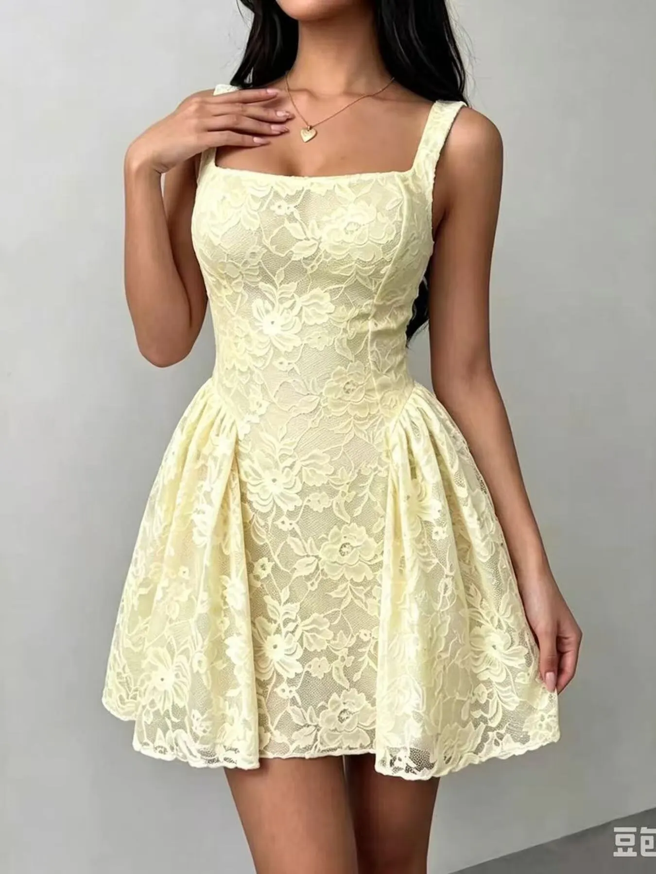 Floral Lace Square Neck Mini Dress - Yellow