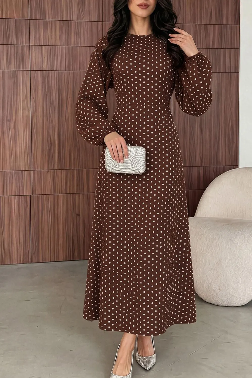 Polka Dot Long Sleeve Maxi Dress - Coffee Brown